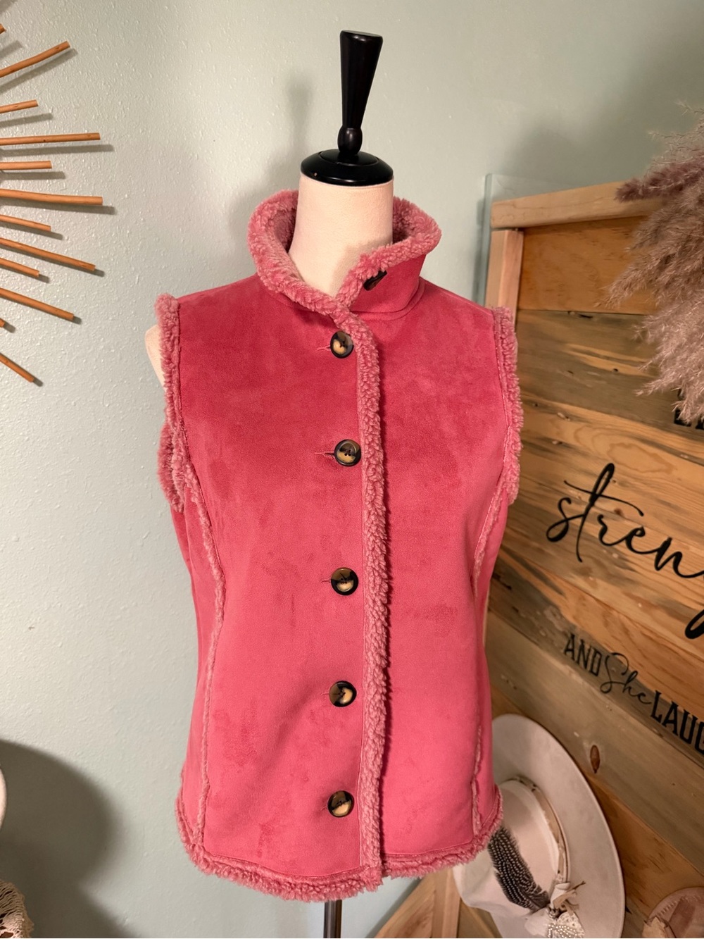 L.L. Bean Rose Pink Faux Shearling Button Vest